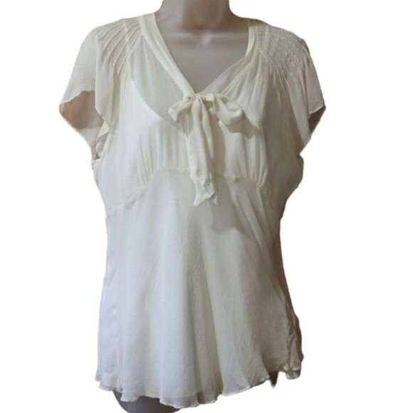 Calvin Klein White Sheer Gauzy Ruffle Pussycat Bow Blouse & Tank Set LG - Picture 1 of 15